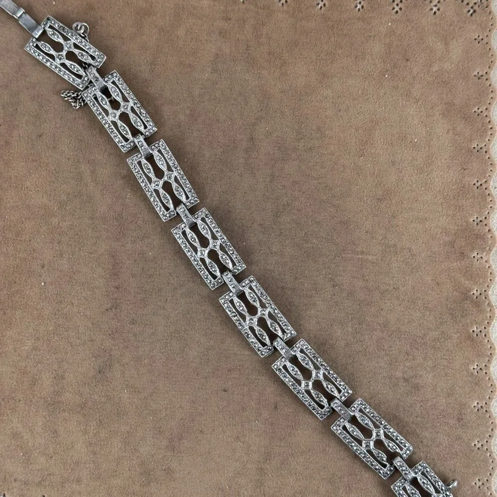 Vintage 1930's Sterling Silver  ART DECO Marcasite Lattice Style Bracelet - Picture 2 of 8